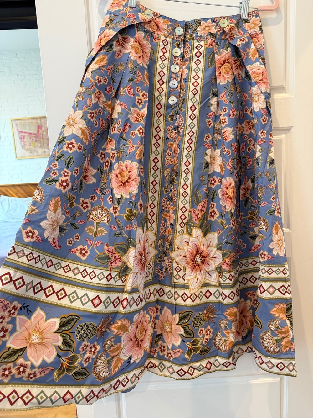 FARM Rio Blue Floral Border Midi Skirt with Pink Blossoms size S - Picture 4 of 9